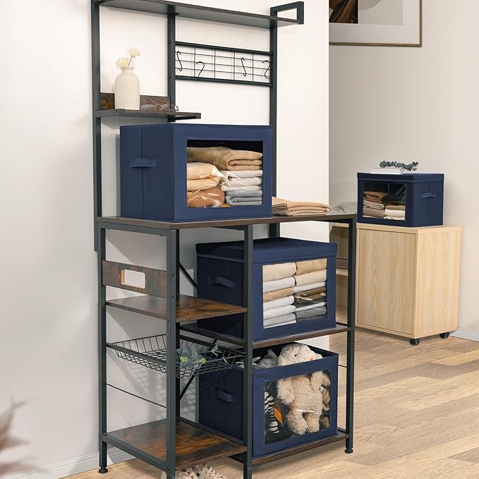 Homsorout Stackable Storage Bins with Lids - Large Storage Box with Lids, Foldable Closet Boxes for Organizing, Wardrobe Clothes Organizer with Window, Cubes Bins for Living Room, 6 Pack, Navy Blue