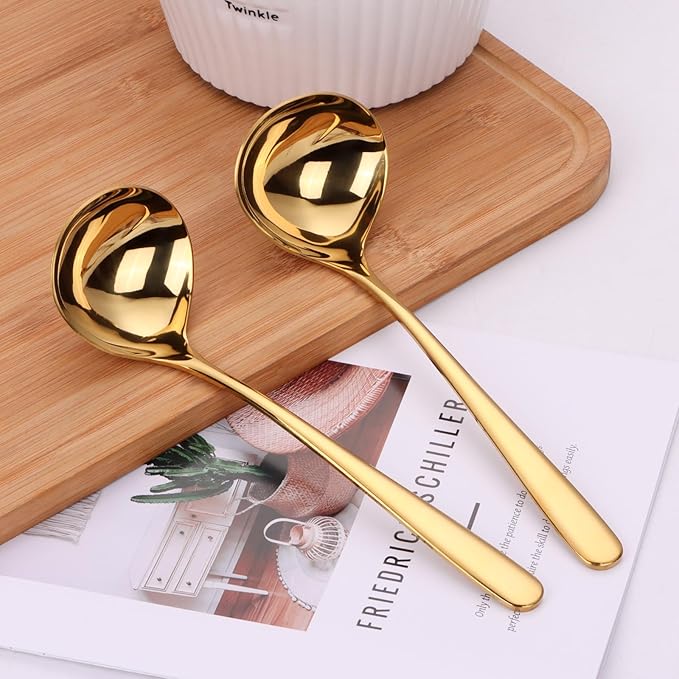 9.5 Inch Gold Ladle Spoons SUS304 Stainless Steel Soup Ladle 2 oz. Gravy Sauce Kitchen Ladle for serving(Set of 2)