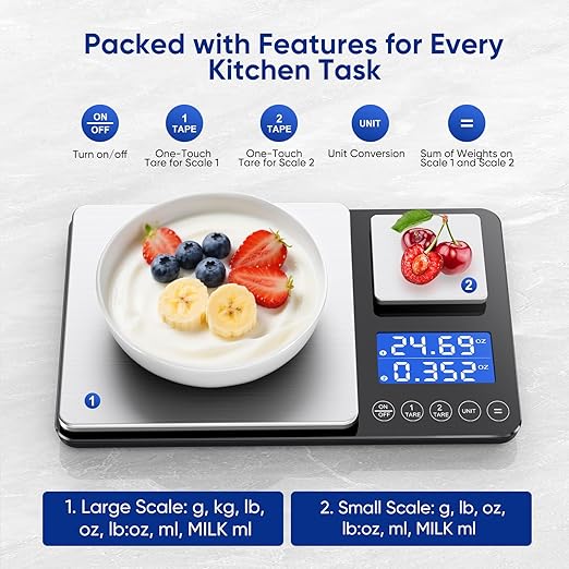 Dual Platform Food Kitchen Scale with 0.01g/0.001oz High Precision, 15kg/33lb Bakery Scale, Dual Accuracy Kitchen Scale for Sourdough Bread, Baking and Cooking with 7 Unit Tare and Totalizer