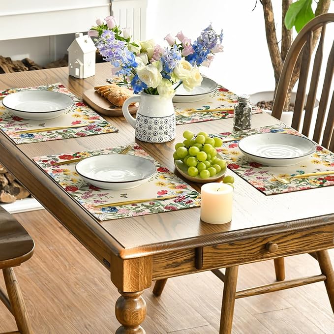Artoid Mode Vintage Floral Spring Placemats Set of 4, 12x18 Inch Seasonal Holiday Table Mats for Party Kitchen Dining Decoration