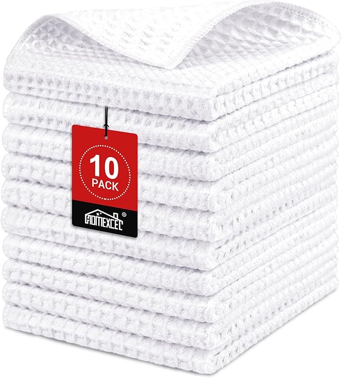 HOMEXCEL Waffle Weave Microfiber Towel, 10 Pack Lint Free Cleaning Rags, 12 x 12 Inches Barista Towels, Reusable Microfiber Cleaning Cloth for Household, Kitchen, Glass and Window, White