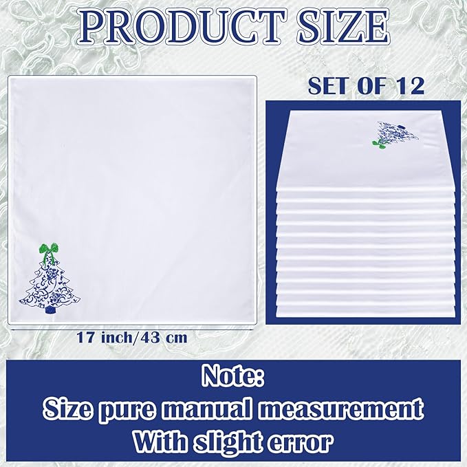 HunnmingRe 12 Pcs Christmas Tree Blue and White Cloth Napkins Chinoiserie Embroidered Cotton Hand Towels Blue Guests Napkin for Xmas Holiday Weddings Dinner Parties Washable 17x17 Inch
