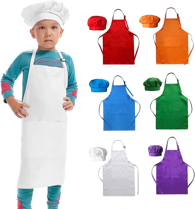 6 Pack Adjustable Kids Apron and Chef Hat for Cooking Baking Painting Art, Kids Apron for Girl Boy with 2 Pockets