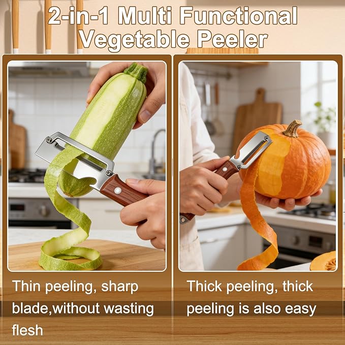 2PCS Premium Vegetable Peeler with Wooden Handle and Bottle Opener, 2026 New Multifunctional 2-in-1 Stainless Steel Kitchen Tool, Contour-Flow for Camping Apple Potato Pumpkin Papaya Peeling (Mix)