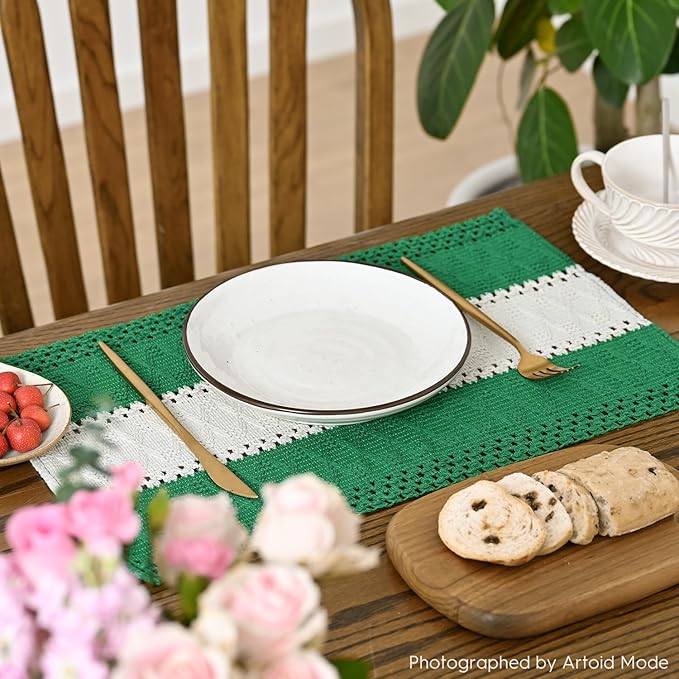 Artoid Mode Dark Green Farmhouse Rustic Placemats Set of 4,12x18 Inch Seasonal Hollow Table Mats Party Kitchen Dining Decoration
