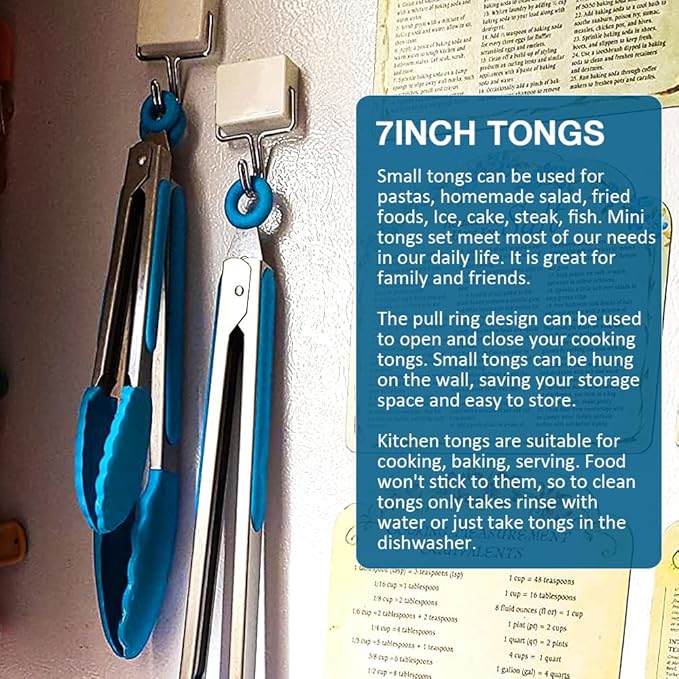 Small Serving Tongs Set of 3, Mini Tongs (7 inch) with Silicone Tips and Stainless Steel Handle, Great for Steaks, Salads, Vegetables(Blue)