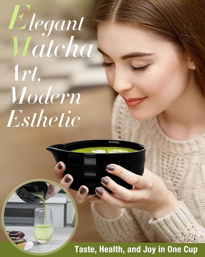 Black Matcha Whisk Set - 5PCS Matcha Set Includes 17OZ Chawan with Spout, Bamboo Chasen Whisk with Ceramic Holder, Wooden Scoop and Stainless Sifter, Matcha Kit for Ceremony, Gift for Matcha Lovers