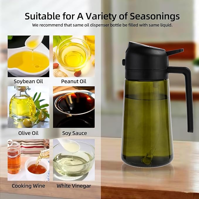 Aovdy Oil Sprayer for Cooking 16oz,2 in 1 Olive Oil Dispenser and Oil Sprayer - 470ml Olive Bottle Spray and Pour - Glass Oil Dispenser for Kitchen Cooking Salad BBQ (2PCS-Light-Proof Black & Green)