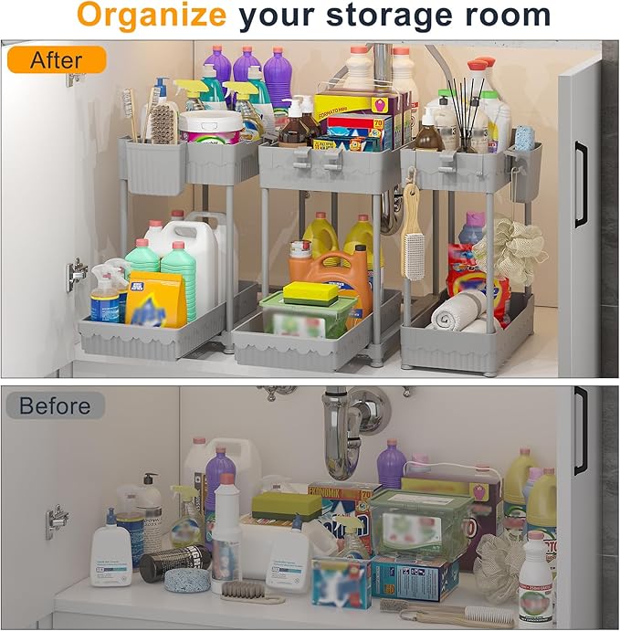 Sevenblue 3 Pack Under Sink Organizers, 2-Tier Multi-Use Kitchen and Bathroom Organizers and Storage with Sliding Drawers, Bathroom Cabinet Organizer (Gray, 12.8 Inch)