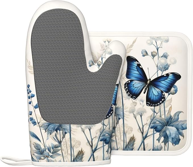 Oven Mitts and Pot Holders Butterfly Blue Flower Boho Silicone Kitchen Accessories Set of 2 Heat Resistant Long Gloves Potholder Non-Slip Grip for Chef Cooking,Baking,Grilling,BBQ