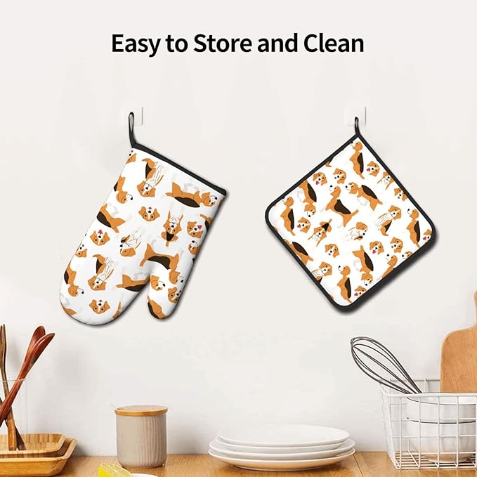 Cute Dogs Oven Mitts and Pot Holders Beagle Heat Resistant Oven Mitts Safe for Baking Cooking BBQ
