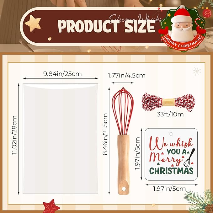 Baderke 20 Sets Baking Gifts Set Includes 8 Inch Silicone Whisk with Wood Handle Wired Stainless Steel Whisk Set Greeting Cards Plastic Bags for Party Birthday Christmas Stuffers Gift(Red)
