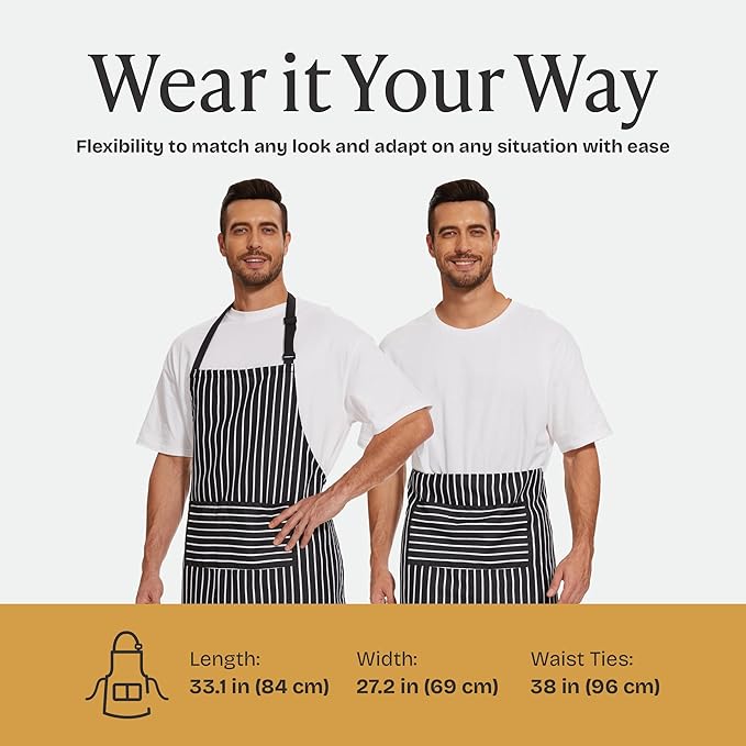 Will Well Kitchen Apron for Men and Women - 33" x 27" Oil-and-Water-Resistant with Adjustable Neck Strap and 38" Waist Ties for a Snug Fit, Lightweight with 2 Front Pockets - 1-Pack, Black