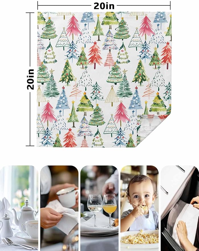 Christmas Tree Cloth Napkins Set of 6, Green Pink Blue Xmas Trees Washable Dinner Napkins Colorful Cartoon Plant Table Reusable Napkin for Home Party Wedding Dining Table Decoration, Oversized 20"x20"