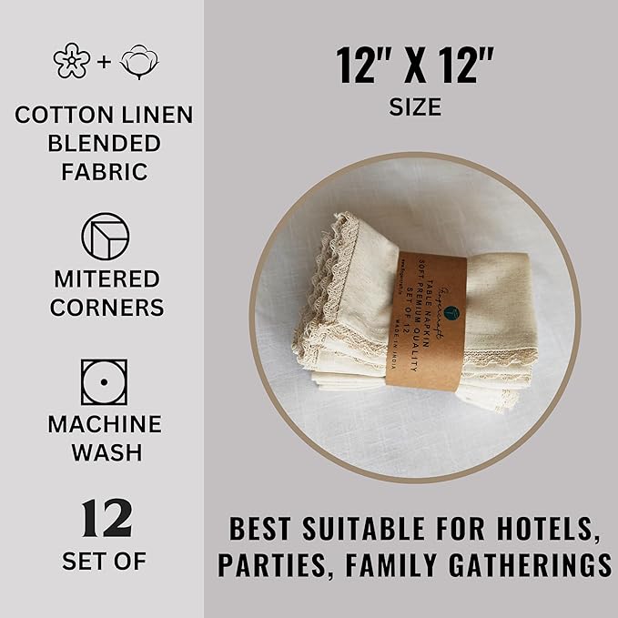 Fingercraft Dinner Napkins Cloth Cotton Blend 12 Pack Premium Quality Mitered Corners Small Table Napkins with Classic Ivory Lace 12 inch Size for Every Day Use in Home and Restaurant Ivory