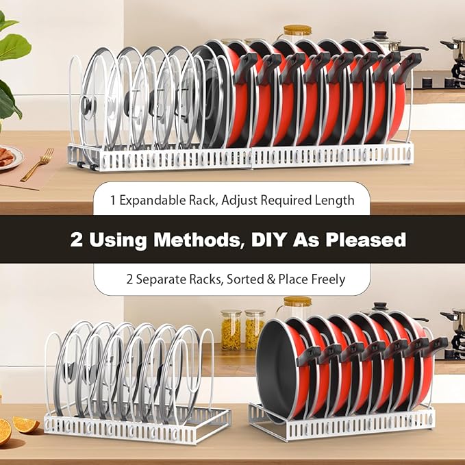 Housolution 2 Pack Pot and Pan Organizer with 14 Adjustable Dividers, 12"-23" Expandable Food Container Lid organizer Compatible with Tupperware, Pan Lid Holder Storage Rack for Cabinet, White