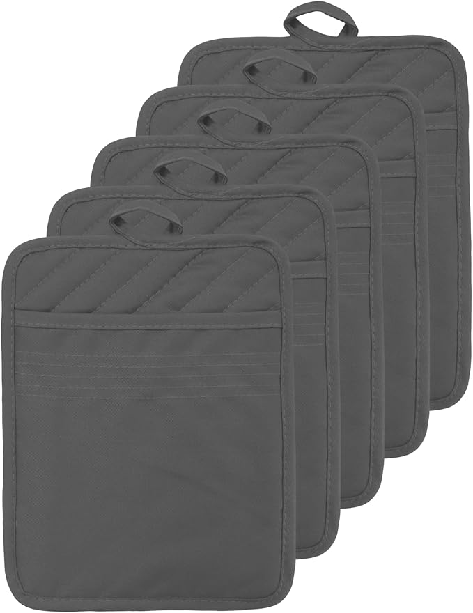 Oven Pot Holder with Pocket Cotton Heat Resistant Coaster Potholder Kitchen Hot Pad Oven Mitts for Cooking Square 7"x9"Set of 5 (Grey)