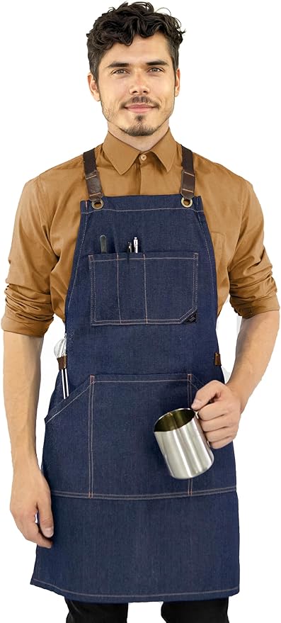 Under NY Sky Essential Blue Denim Apron – Cross-Back with Leather Reinforcement – Adjustable for Men and Women – Pro Chef, Tattoo Artist, Baker, Barista, Bartender, Server Aprons