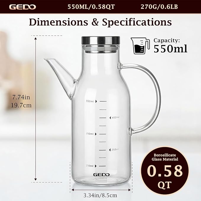 GEDO Borosilicate Glass Oil Dispenser, Eagle Beak Drip-Free Spout with Airtight Stainless Steel Lid, Measurement Markings & Ergonomic Handle, Multi-Purpose for Kitchen & Outdoor Picnic (0.58QT/550ml)