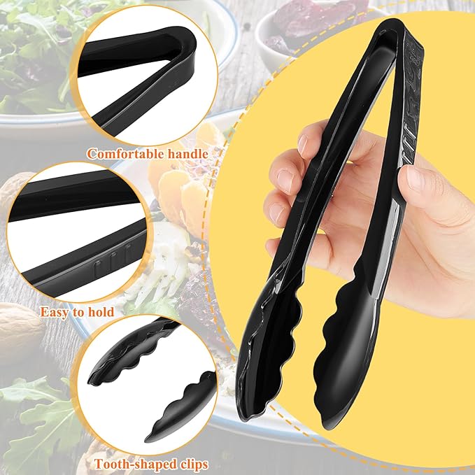 Tessco for you 200 Pcs Plastic Tongs for Serving Bulk, 9 Inch Plastic Disposable Serving Tongs, Heavy Duty Salad Tong for Kitchen, Buffet, BBQ, Events & Catering (Black)