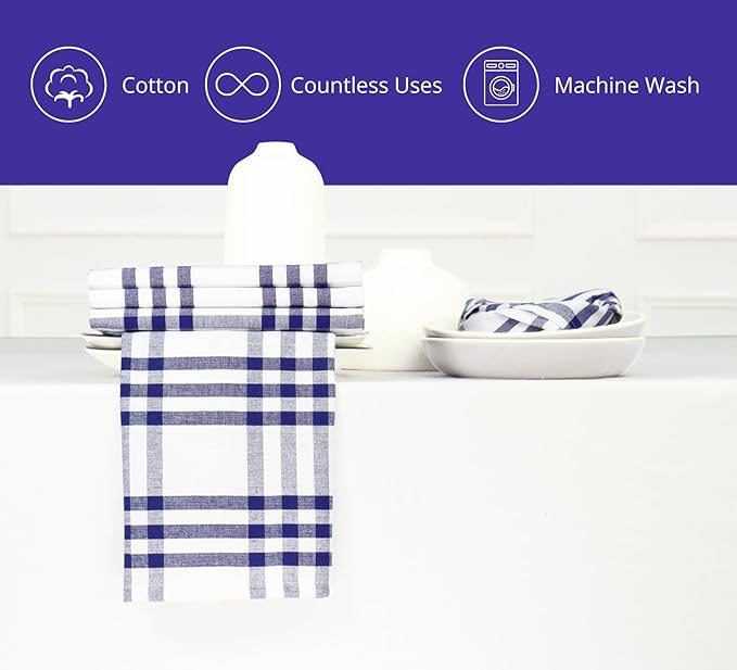 PurpleEssences Homestead Plaid Cloth Napkins - Mitered Corners - Spring Easter Summer - Check Dinner Napkin - Set of 12-100% Cotton - 18x18 Inch - Reusable Washable - Blue and White