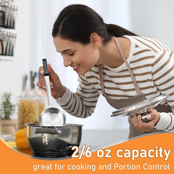 Teenyyou 8 Pcs Portion Control Serving Spoons Portion Scoops Cups Solid and Slotted Stainless Steel Ladle Spoon for Food, Serving Utensils Set for Parties(Black,6 oz)