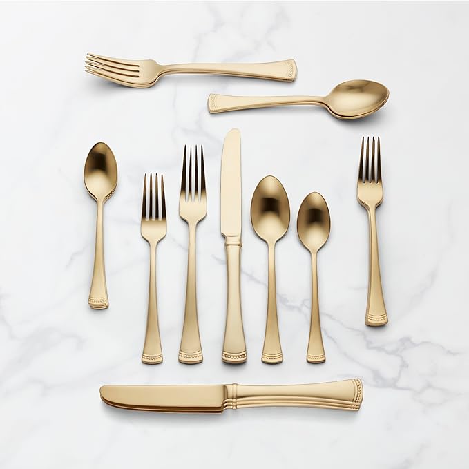 Lenox Silverware Set For 12, Portola Gold 20-Piece Flatware Set, Service For 4, Dishwasher Safe 18/10 Stainless Steel Silverware, Elegant Gold Satin Finish, Knives Spoons and Forks (Golden 20 Piece)