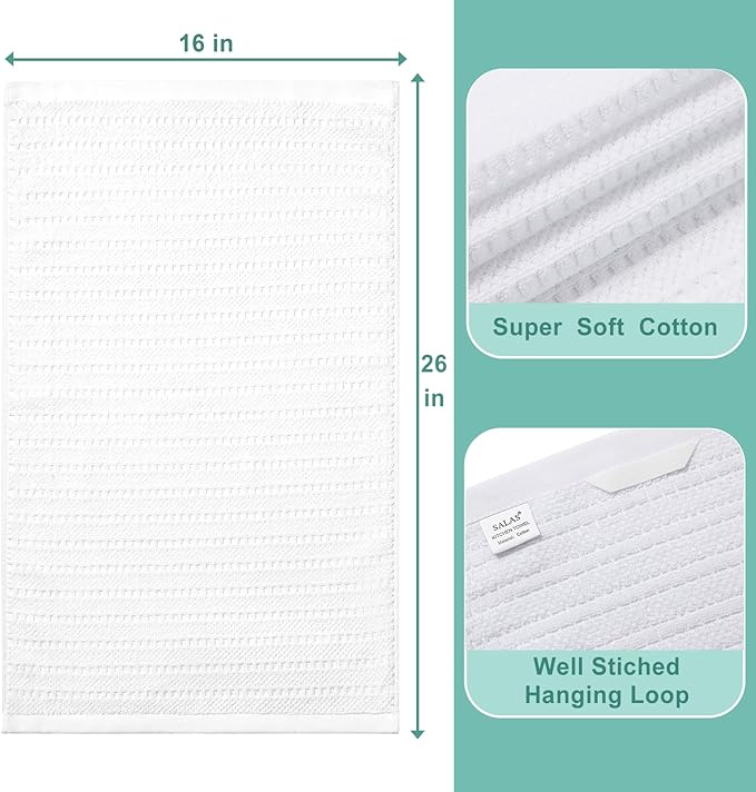 SALAS Kitchen Dish Towels, Bulk Cotton Kitchen Hand Towels, 390 GMS Plaid Dish Cloths Rags for Drying Dishes with Hanging Loop, 16‘’ x 26‘’, 3 Packs, White
