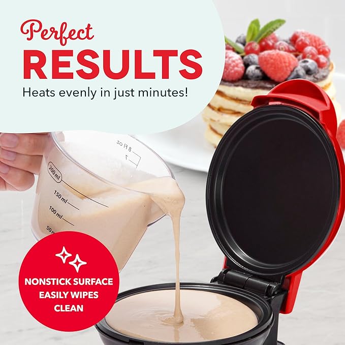 Dash Mini Maker Griddle - Compact Griddle for Creative Homemade Treats - PTFE nonstick surface, Quick Heat-Up System & Space-Saving Design - Red