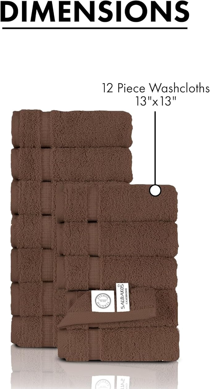 SALBAKOS 100% Turkish Cotton Washcloth Set of 12 13x13 inch | Heirloom Quality | Hotel & Spa Collection | Ultra Soft, Super Absorbent, Washcloth Towels | Made in Turkey (Chocolate, 12 Washcloths)