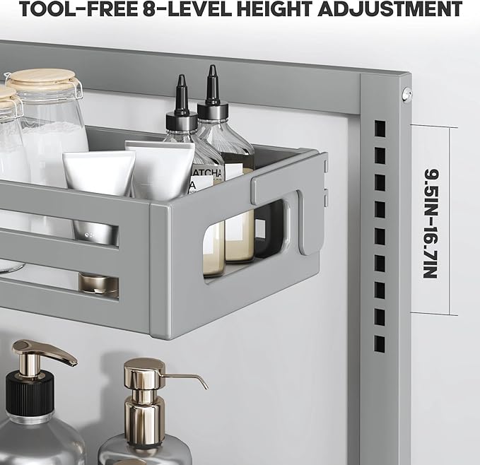 2 Pack 21IN-Depth Under Sink Organizer,Pull Out Cabinet Organizer With Smooth Cylindrical Rail,Metal Slide Out Drawer for Kitchen Bathroom Laundry,8-Level Tool Free Height Adjustable-Gun Gray