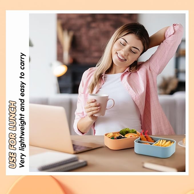 Layhit 2 Pcs Silicone Bento Box for Adults, 27 oz Bento Lunch Container Reusable 3 Compartment Lunchable Food Container for Women Men, Leak Proof Microwave Dishwasher Freezer Safe (Orange, Gray Blue)