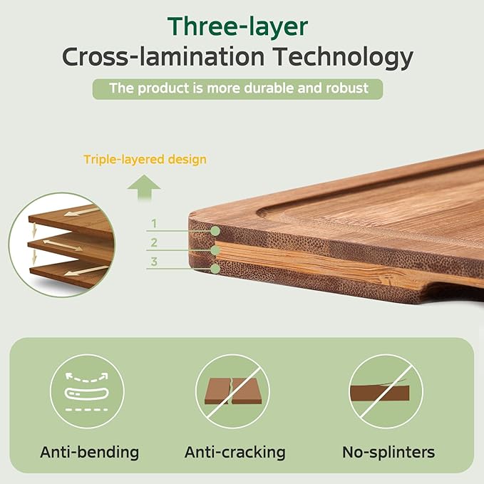 Bamboo Cutting Boards for Kitchen(Set of 3), Wood Cutting Board with Wood Storage Stand, Charcuterie & Chopping Board for Vegetables and Meat, with Deep Juice Groove, Ideal Kitchen Gifts