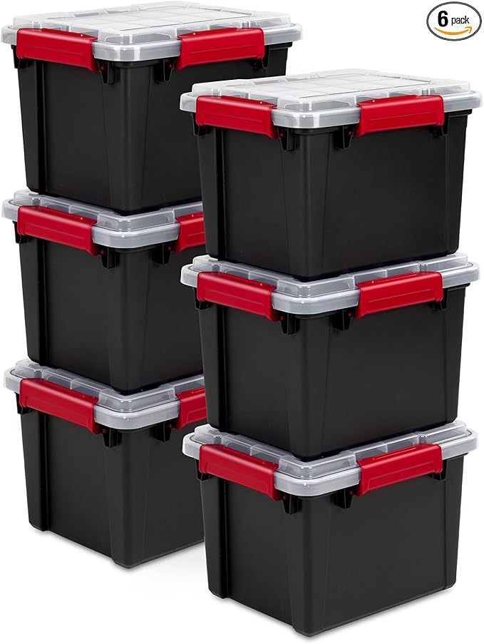 Sterilite 6 Pack 5 Gallon Gasket Box, Stackable Plastic Storage Container with Lids, Black - Waterproof and Dustproof Tote for Home Organization