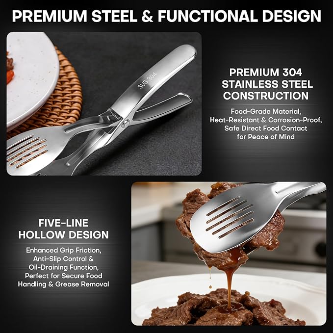 Nezylaf 10.8 Inch 304 Stainless Steel Cooking Tongs, Metal Kitchen Tongs with Oil Drain Holes & Spring Rebound, Anti-Slip Handle for Grilling BBQ Salad Serving