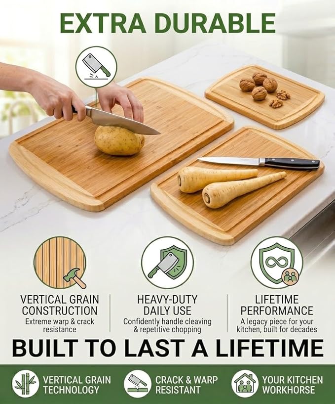Greener Chef Luxury XL Bamboo Cutting Board Set of 3 with Vertical Grain Strength Technology - Extra Large Wood Cutting Boards for Kitchen and Lightweight Chopping Board Set - Replacements for Life