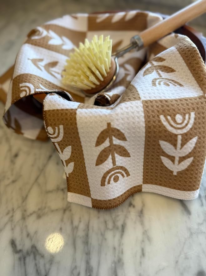 2 Pack || Double Sided|| Not Your Ordinary Kitchen Towels || Dish Towels || Quick Dry || Waffle Weave Microfiber || Designer Prints || Highly Absorbent || Hanging Hook (tan Checkered)