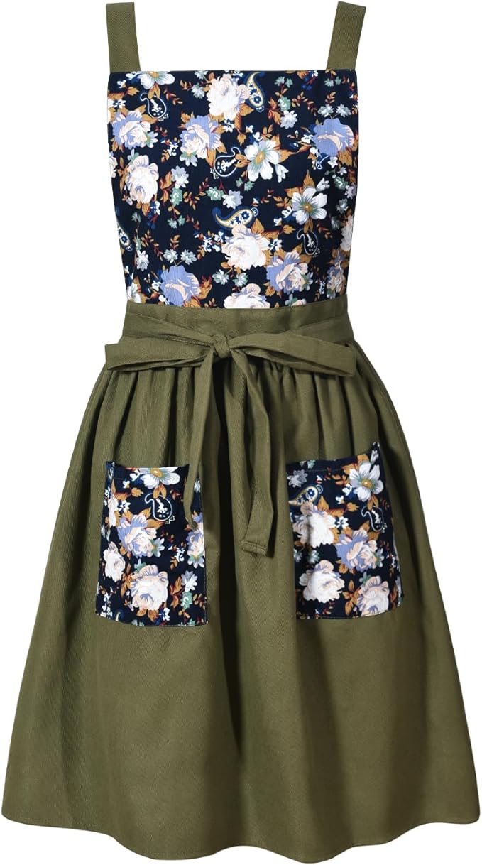 Pinknoke Vintage Pinafore Apron Dress for Women with Pockets Cute Floral Chef Aprons for Kitchen Cooking Baking Gardening