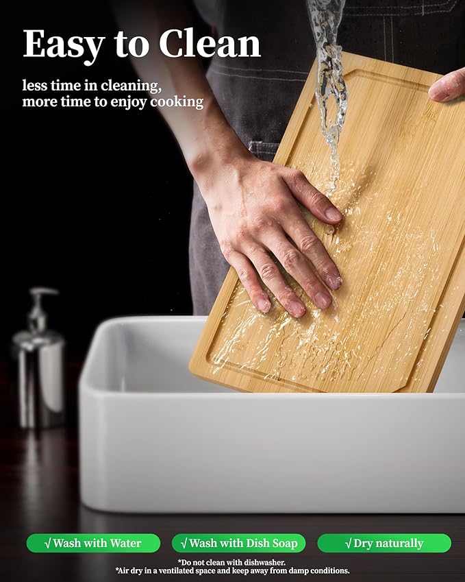 Kitchen Cutting Board Set - 3-Piece Wooden Cutting Boards for Kitchen with Juice Groove, Handles, Hang Holes, Stylish Kitchen Essentials for Chpping & Serving, Natural, 0.4"Th - (L+M+S)