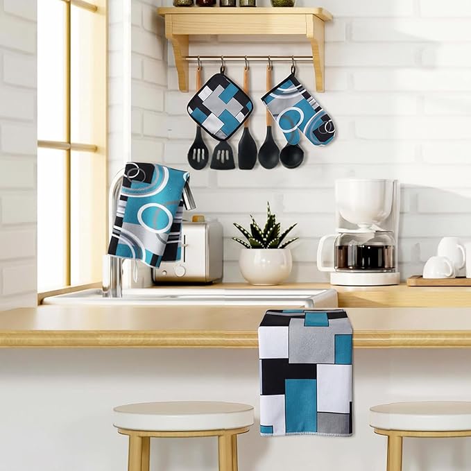 Jingmore 6 Pcs Kitchen Decor Set Accessory Farmhouse Kitchen Towels Pot Holders Oven Mitts Set 2 Dish Towels 2 Pot Holders 2 Cooking Mittens Oven Glove for Cooking(Teal,White, Gray,Geometric)