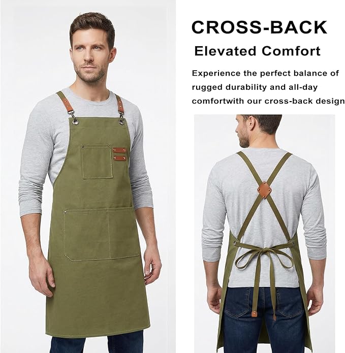 ZOMAO Chef Apron for Women Men with Large Pockets, Cotton Canvas Cross Back Waterproof Work Aprons for Kitchen Cooking Bib