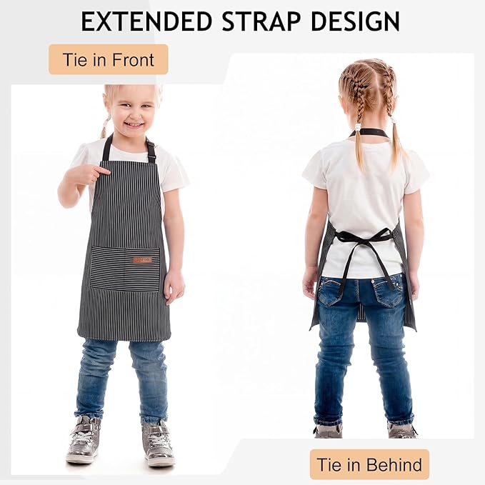 2 Pack Stripes Kids Apron, Kids Cooking Aprons with 2 Pockets, Cute Aprons for Cooking for Boys and Girls