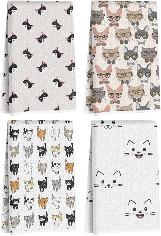 4 Pcs Cute Cat Kitchen Towels, Cats Decorative Absorbent Microfiber Dish Cloth Tea Towel, Durable Waffle Hand Towels for Farmhouse Home Bathroom, Cat Lover Gifts for Women Mam