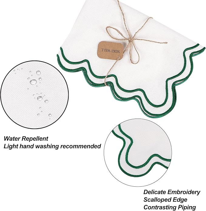 Set of 6 Cotton Linen Placemats, 13''x 19'' Wavy Embroidery Scalloped Placemats Washable Rustic Dinner Waterproof Table Mats (Green)