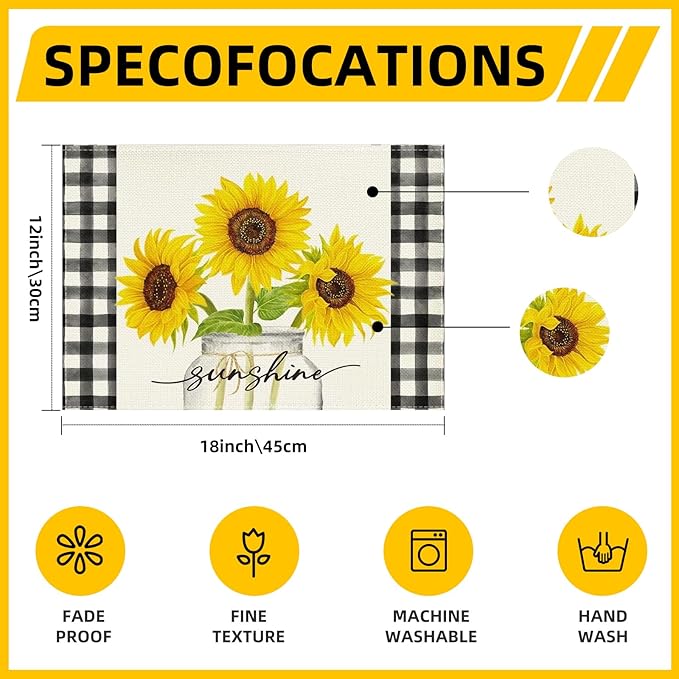 Niviy Sunflower Placemats Set of 6, 12x18 Inch Sunshine Vase Summer Spring Table Mats for Holiday Party Kitchen Dining Room Decoration