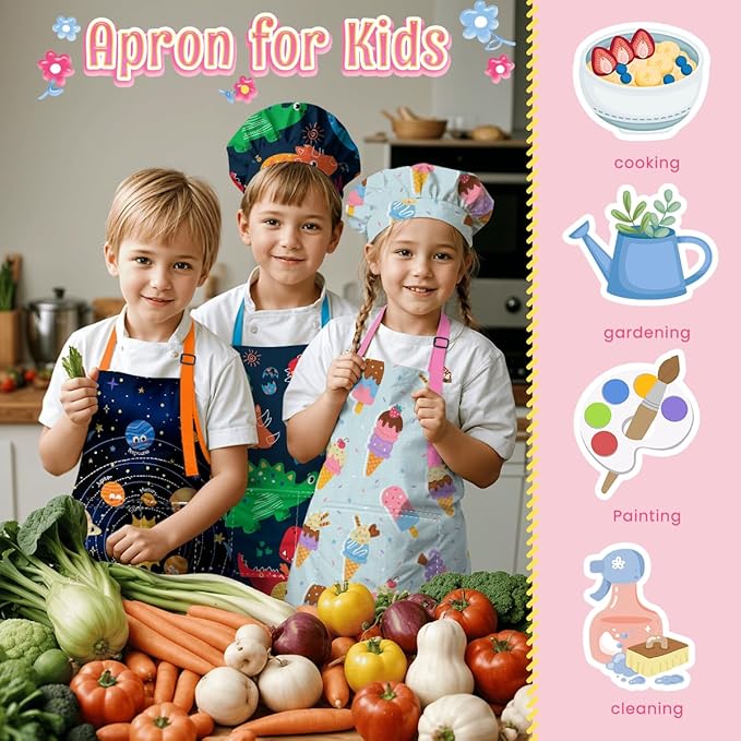 SANDJEST Kids Apron with Chefs Hat Set, Kitchen Apron Gifts