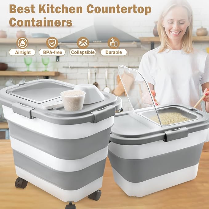 Komzon Rice Storage Container, Collapsible Airtight Food Storage Containers 20-30 Lbs, Rice Dispenser Bin with Cup and Scoop for Flour Cereal Pasta Grain, Cat Bird Pet Dog Food Storage Container