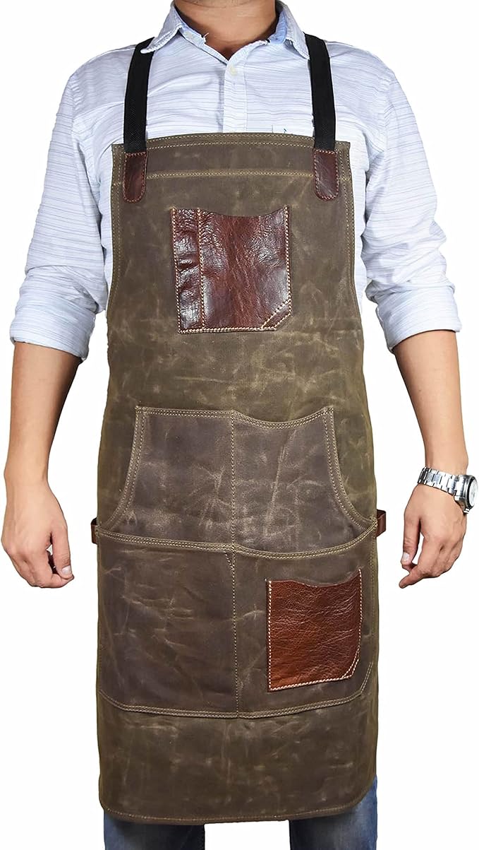 One Size Fits Utility Apron | Adjustable Cross-Back Straps | Multi-Use Shop Apron With Tool Pockets By Aaron Leather Goods (Green, Canvas Leather)
