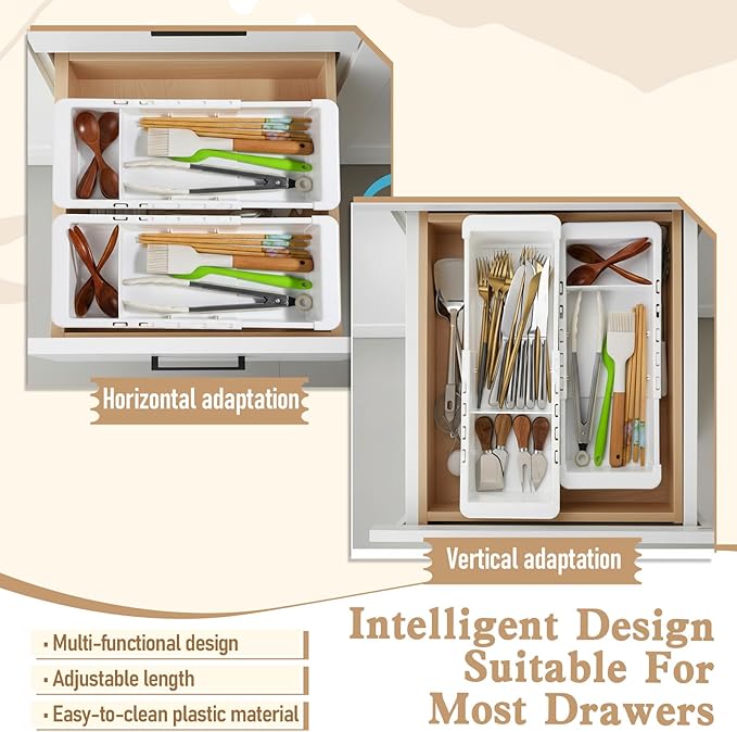 2Pcs Expandable Sliding Drawer Tray with Adjustable Dividers, White Plastic Deep Desk Drawer Dividers Organizers Expandable 11.4 to 18.1 Inches For Utensils Office Bathroom Bedroom Kitchen