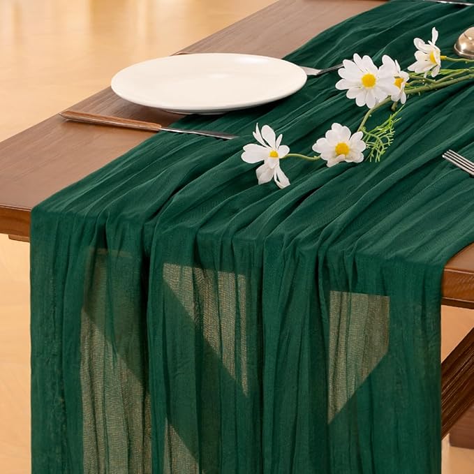 Socomi 3pcs Emerald Green Cheesecloth Table Runner Easter Spring Boho Rustic Gauze 120 inch 10FT Cheese Cloth Runner for Wedding Party Baby Shower Birthday Home Decor Holiday Decorations